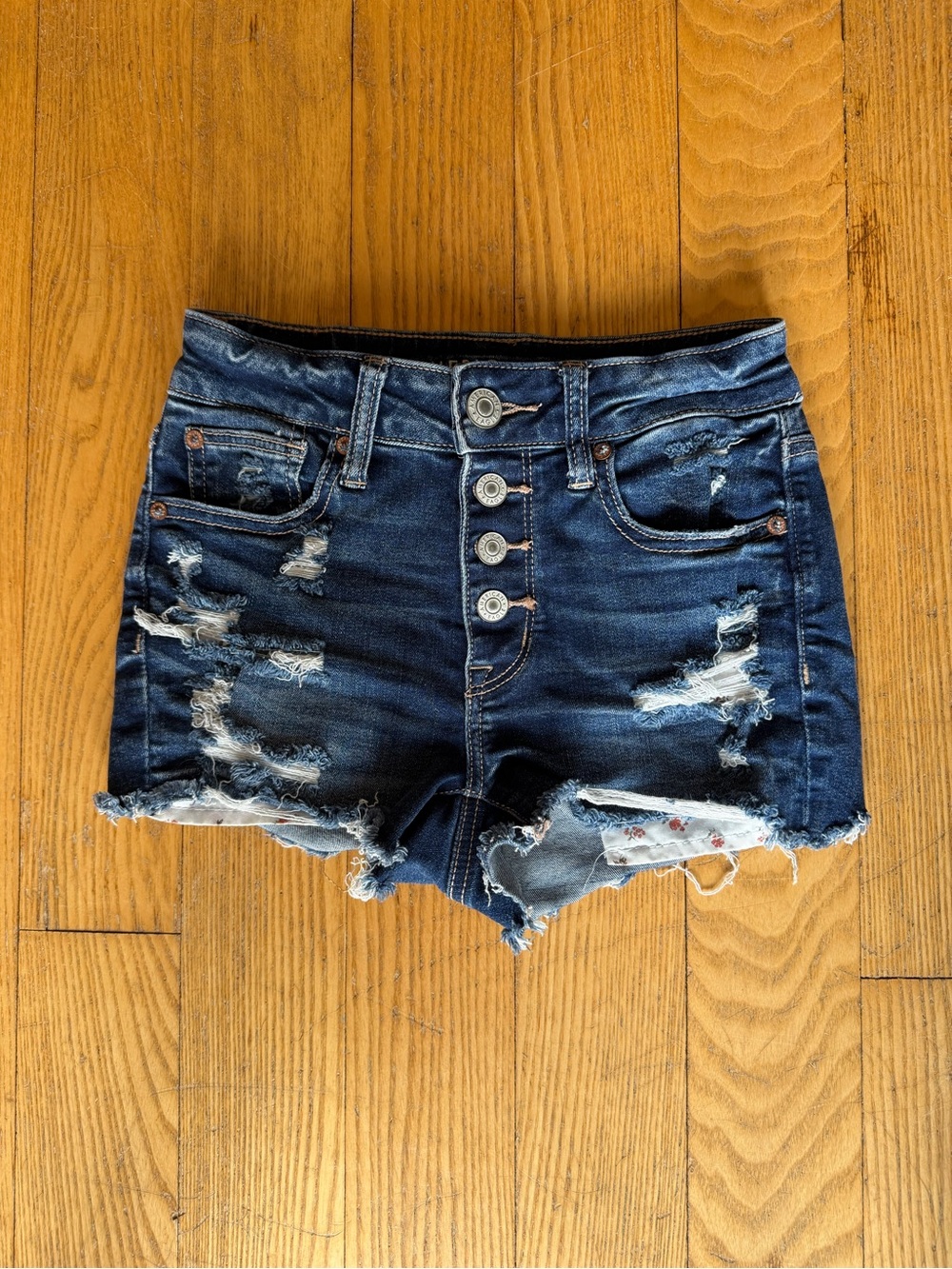 American Eagle Outfitters Dark Blue Distressed Button-Front high rise shorts